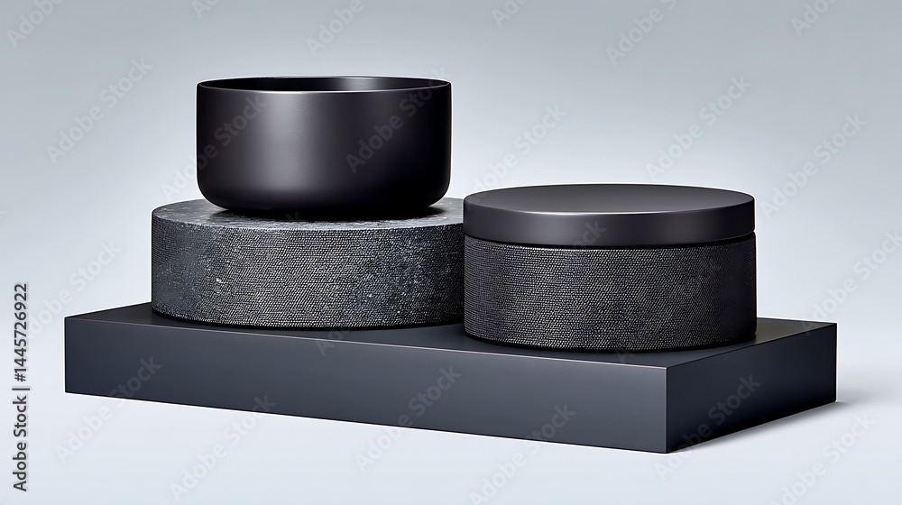 Elegant Black Stone Containers on Minimalist Display. Elegant Black Stone Containers on Minimalist Display.