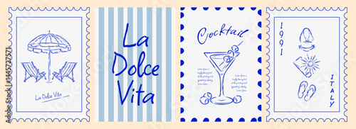 Vintage Italian Summer Print Stamp set. Travel Beach Doodle Print. Wall Art vector Grunge Postcard Stamp. Retro Travel Poster or Card, Frame, Border Element. Italy Sea Vacation Mood. Hand Drawn Cards.