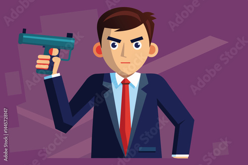 A man dressed in a suit brandishes a handgun with a determined expression, set against a vibrant purple backdrop, suggesting a tense situation.