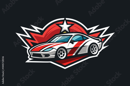 A vibrant car graphic displays sleek lines and bold colors, featuring red and white stripes. The design emphasizes speed and power against a striking backdrop.