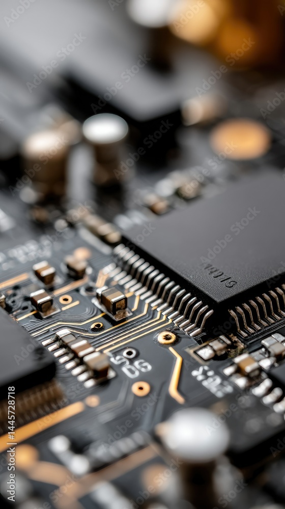 Advanced microchip surrounded by glowing neon lines showcasing circuit board elements in a black and white color scheme Advanced microchip surrounded by glowing neon lines showcasing circuit board elements in a black and white color scheme