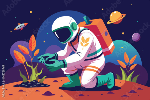 An astronaut kneels on an extraterrestrial landscape, examining soil samples while surrounded by colorful plants and a cosmic backdrop of planets and stars.