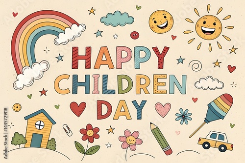 Happy Childrens Day Colorful Doodle Illustrations Rainbow Sun Stars Hearts
