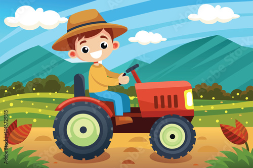A young boy happily drives a bright red tractor through lush green fields, surrounded by rolling hills and fluffy clouds on a sunny day in the countryside.