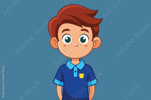 A young boy with brown hair and bright green eyes stands smiling, dressed in a blue polo shirt, exuding a friendly and approachable vibe in a simple background.
