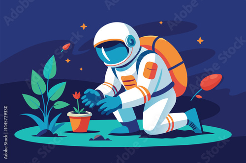 An astronaut wearing a space suit tends to a small potted plant on an alien landscape, showcasing the potential for life beyond Earth through exploration.