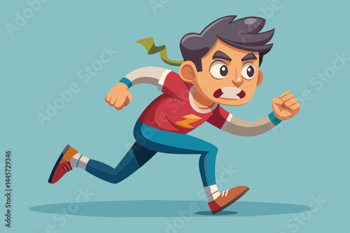 A boy wearing a red t-shirt with a lightning bolt races forward, displaying excitement and energy while his green cape flows behind him, suggesting a playful superhero theme.