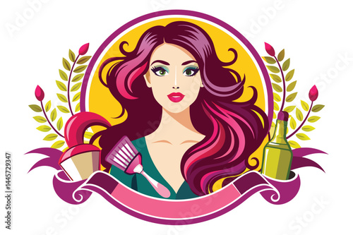 This artwork features a fashionable woman displaying colorful hair and cosmetic tools, embracing beauty and self-expression in a lively, artistic composition.