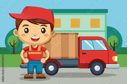 A cheerful young boy poses with a big smile next to a red delivery truck in a colorful neighborhood filled with trees and buildings under a clear sky.