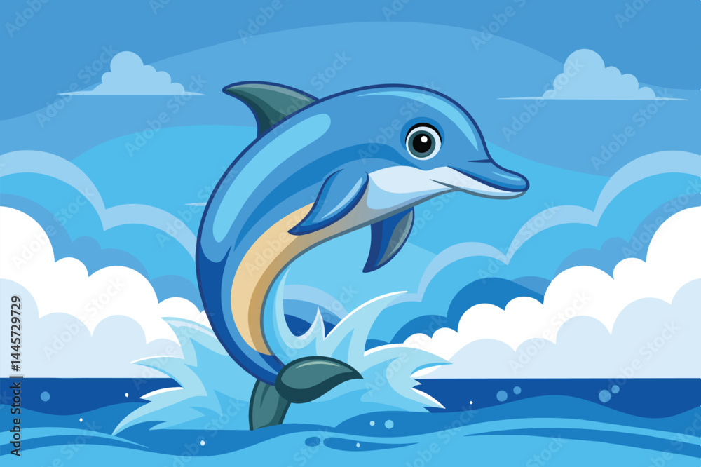 Obraz premium A cheerful blue dolphin breaches the surface of the ocean, creating splashes as it jumps beneath a clear blue sky and soft, white clouds, showcasing ocean life.