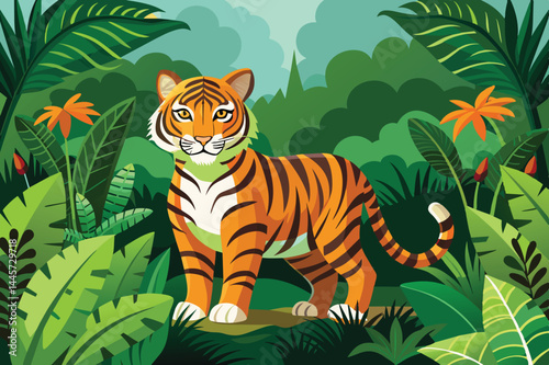 A majestic tiger poses confidently in a verdant jungle filled with tropical plants and colorful flowers, showcasing its vibrant fur and keen gaze under bright daylight.