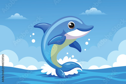 A vibrant blue dolphin jumps joyfully from the sparkling ocean waves, showcasing its playful nature against a backdrop of soft clouds and clear blue skies.