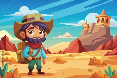 A young adventurer with a backpack stands confidently in a colorful desert setting, with rich red mountains and ancient towers emerging from the horizon.