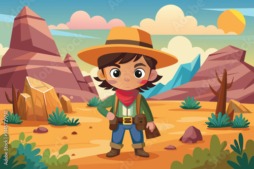A cheerful young cowboy dressed in traditional attire poses in a colorful desert setting filled with mountains, plants, and a beautiful sunset sky.