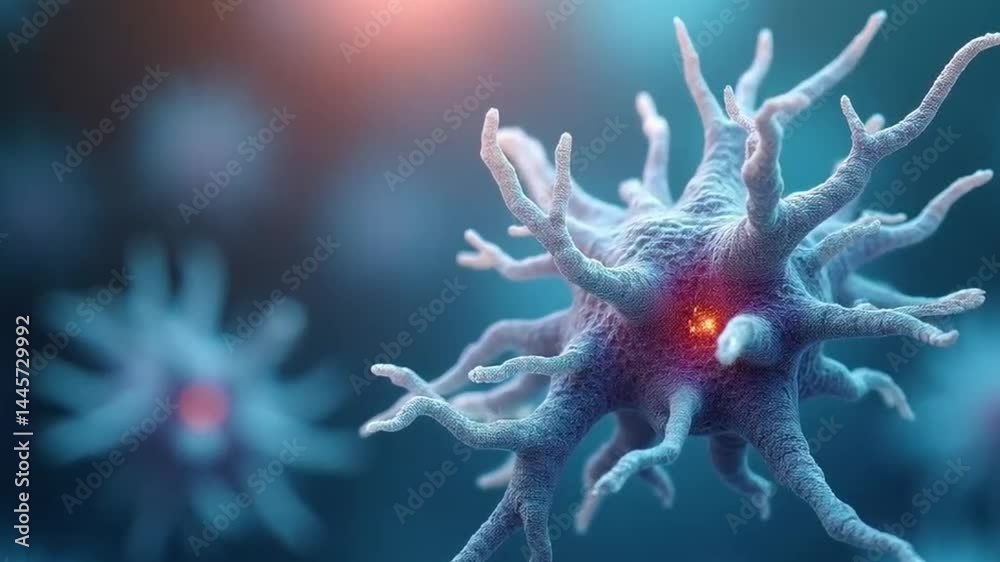 Intricate Neuron Structure Visualization: Brain Cell Depiction with Glowing Core Intricate Neuron Structure Visualization: Brain Cell Depiction with Glowing Core