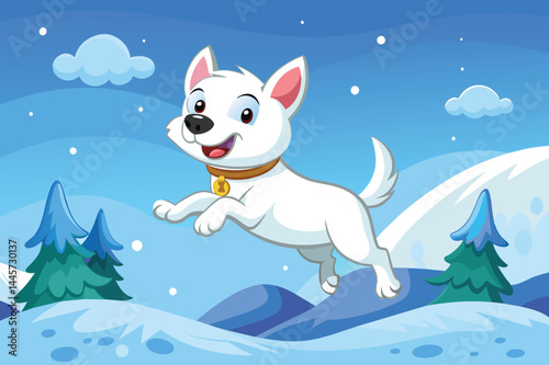A small white dog with a collar jumps happily across the snow-covered ground, with snowflakes swirling and evergreen trees in the background beneath a clear sky.