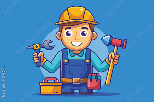 A young worker smiles while holding a wrench in one hand and a hammer in the other, dressed in safety gear and surrounded by various tools, ready for tasks ahead.