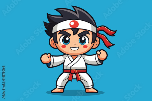 The young karate practitioner stands confidently in a white gi with a red belt, demonstrating readiness and excitement for martial arts training against a bright blue backdrop.