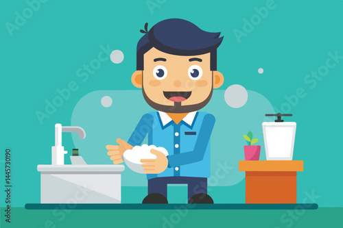 A man stands at a sink, lathering his hands with soap while enjoying a tidy and well-lit space. A small plant adds a touch of freshness beside the sink.
