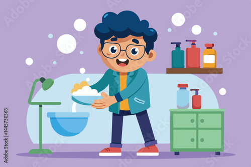 A young boy joyfully combines ingredients in a bowl, standing in a vibrant kitchen adorned with colorful bottles and a lamp, filled with bubbles around him.