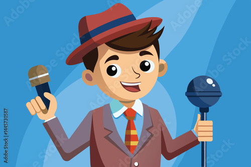 A young performer stands confidently with a microphone in each hand, showcasing his enthusiasm for singing during a lively entertainment event.