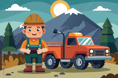 A young construction worker in a hard hat smiles while standing beside an orange truck on a dirt road surrounded by mountains and evergreen trees.