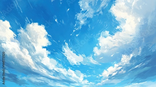 Vast blue sky, fluffy clouds