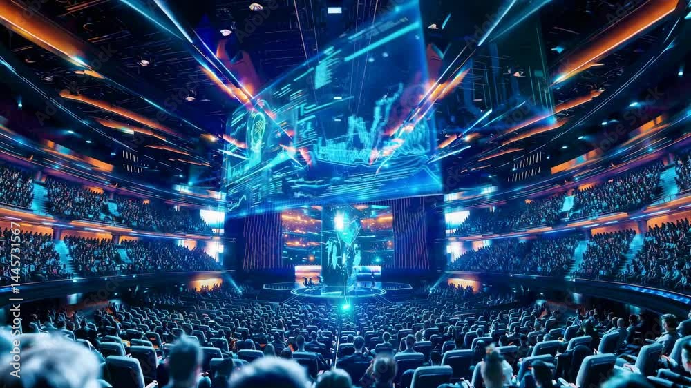 Large audience watching high-tech holographic display with data ...
