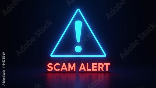A bold neon sign displaying 'SCAM ALERT' with an exclamation mark, set against a dark backdrop.