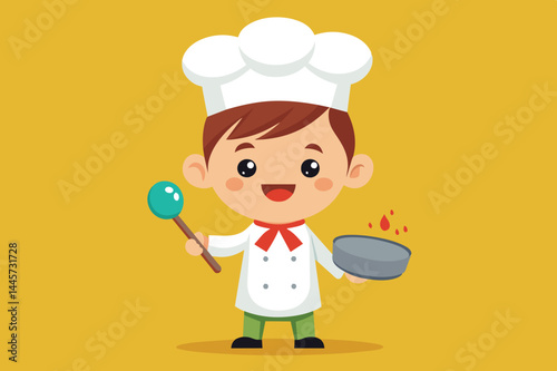 A cheerful young chef wearing a traditional white hat and apron is joyfully stirring a pot over a flame while holding a spoon in a vibrant kitchen environment.
