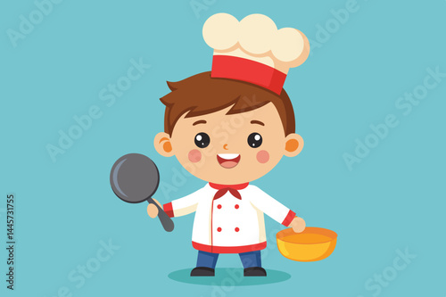 A young chef with a bright smile holds a frying pan in one hand and a bowl in the other, wearing a classic white uniform and hat, prepared to create tasty dishes.