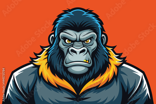 The artwork features a fierce gorilla with intense eyes and bold facial features, set against an eye-catching orange background, emphasizing its strength and character.