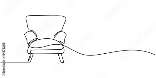 Single Line Drawing of a Modern Boho Chair with Copy Space and Editable Stroke, Armchair furniture continuous one line drawing. Single line art illustration of cozy armchair. Editable vector.