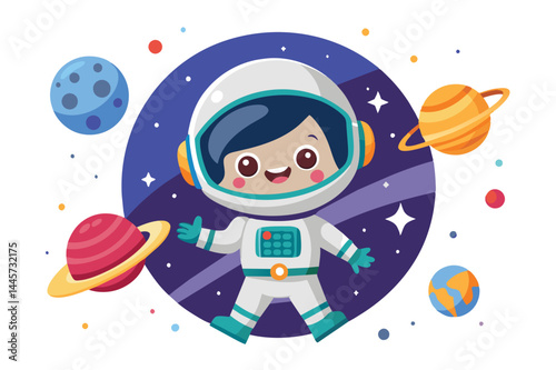 A joyful cartoon character in an astronaut suit joyfully explores a vibrant outer space backdrop, surrounded by various planets and twinkling stars.