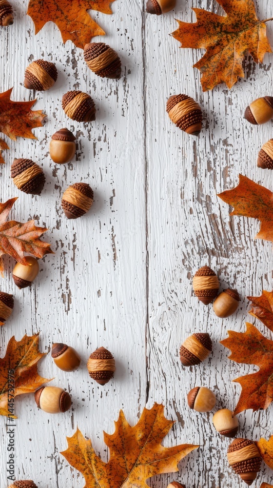 Fototapeta premium Flat lay of scattered assorted chocolates and caramel candies with autumn maple leaves on a white wooden background for seasonal treats and dessert concept