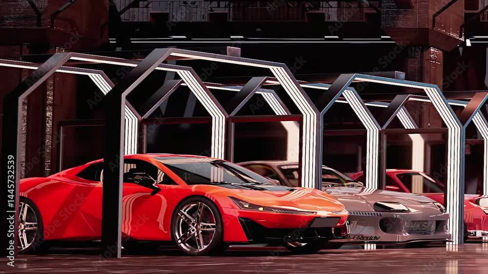 Red futuristic sports car parked in a garage. Stock footage