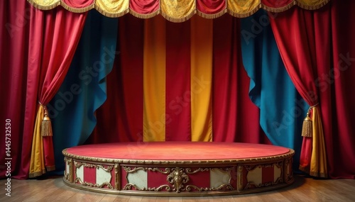Vintage circus podium with colorful striped fabric, ornate metalwork and carved wooden details , circus, metal