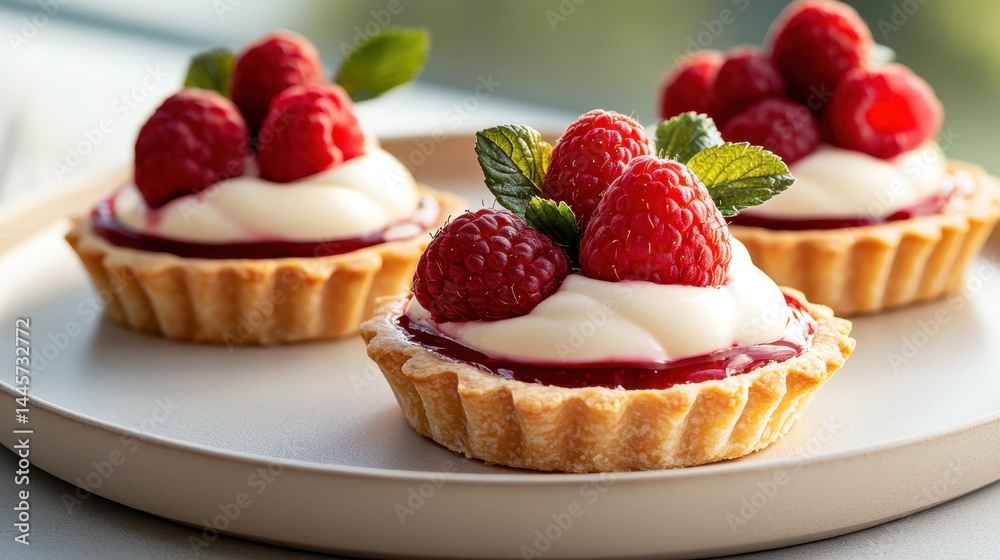 These exquisite raspberry tarts, layered with creamy filling and topped with vibrant raspberries and a glimmering jam glaze, create an irresistible dessert display. These exquisite raspberry tarts, layered with creamy filling and topped with vibrant raspberries and a glimmering jam glaze, create an irresistible dessert display.