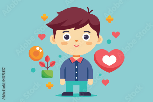 A young boy stands smiling amid vibrant hearts and plants, conveying a sense of happiness and warmth in a playful and artistic design.