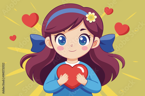 A joyful girl with long hair and a blue outfit cradles a large red heart with a happy expression. Bright hearts float around her, emphasizing a theme of love and positivity.