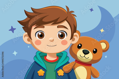 A happy boy smiles while holding a cuddly teddy bear, set against a bright blue backdrop adorned with stars and soft curves, capturing a playful moment of childhood joy.