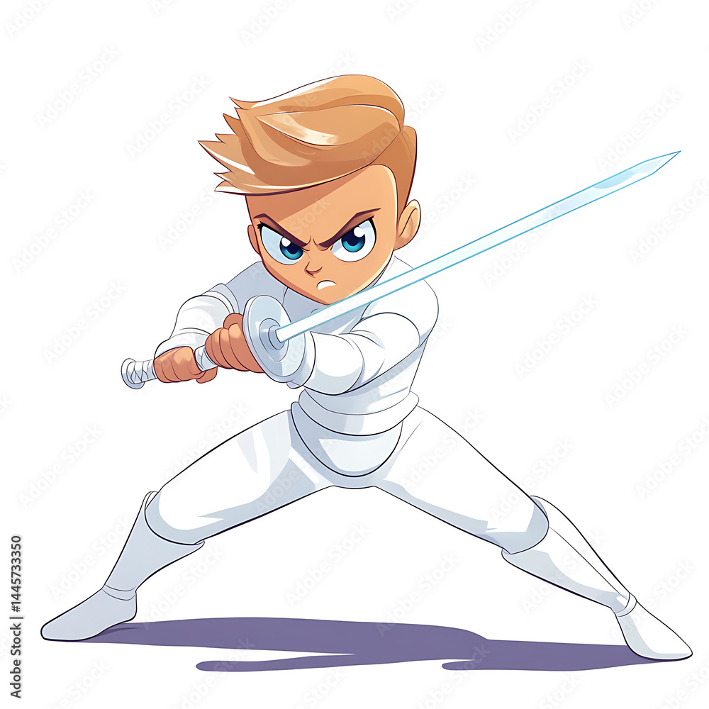 Fototapeta premium Young cartoon character in white wielding a glowing blue sword, ready for action with focused expression.