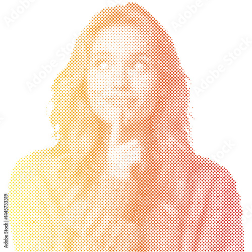 A woman is thinking or imagining an attractive target or discount offer in retro modern halftone