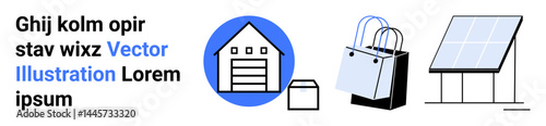 Warehouse, delivery box, shopping bags, and solar panel. Ideal for logistics, e-commerce, sustainability, renewable energy, online retail delivery services flat landing page banner