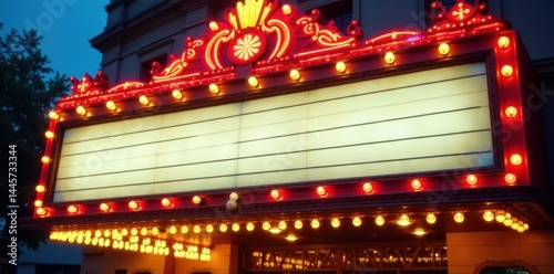 Vintage movie marquee with light bulbs in ornate metal frame, retro design, neon lights