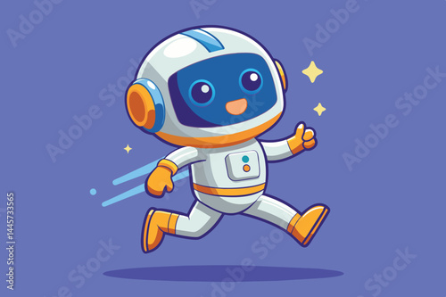 A cartoon astronaut, with a big smile, joyfully runs in a white spacesuit against a bright blue background, embodying excitement and exploration in space.