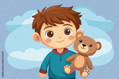The young boy smiles happily, holding a cute teddy bear in his right hand, enjoying the warm sunny day under a clear blue sky with fluffy white clouds.