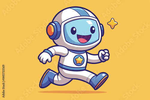 This colorful cartoon features an enthusiastic astronaut wearing a space suit, happily running against a vibrant yellow backdrop, representing fun and exploration.