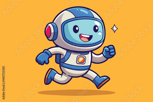 A joyful cartoon astronaut dashes energetically against a vibrant orange backdrop, symbolizing the thrill of space adventures and curiosity about the universe.