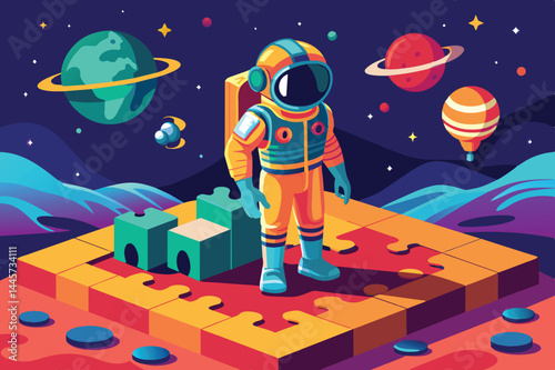 An astronaut in a bright suit is positioned on a puzzle-like platform in space, with colorful planets and stars illuminating the cosmic backdrop, creating a whimsical atmosphere.